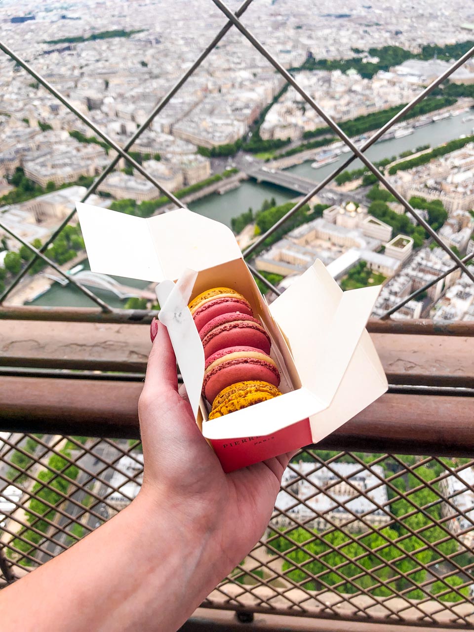 A woman's hand holding up a box of Pierre Hermé macarons at the top of the Eiffel Tower