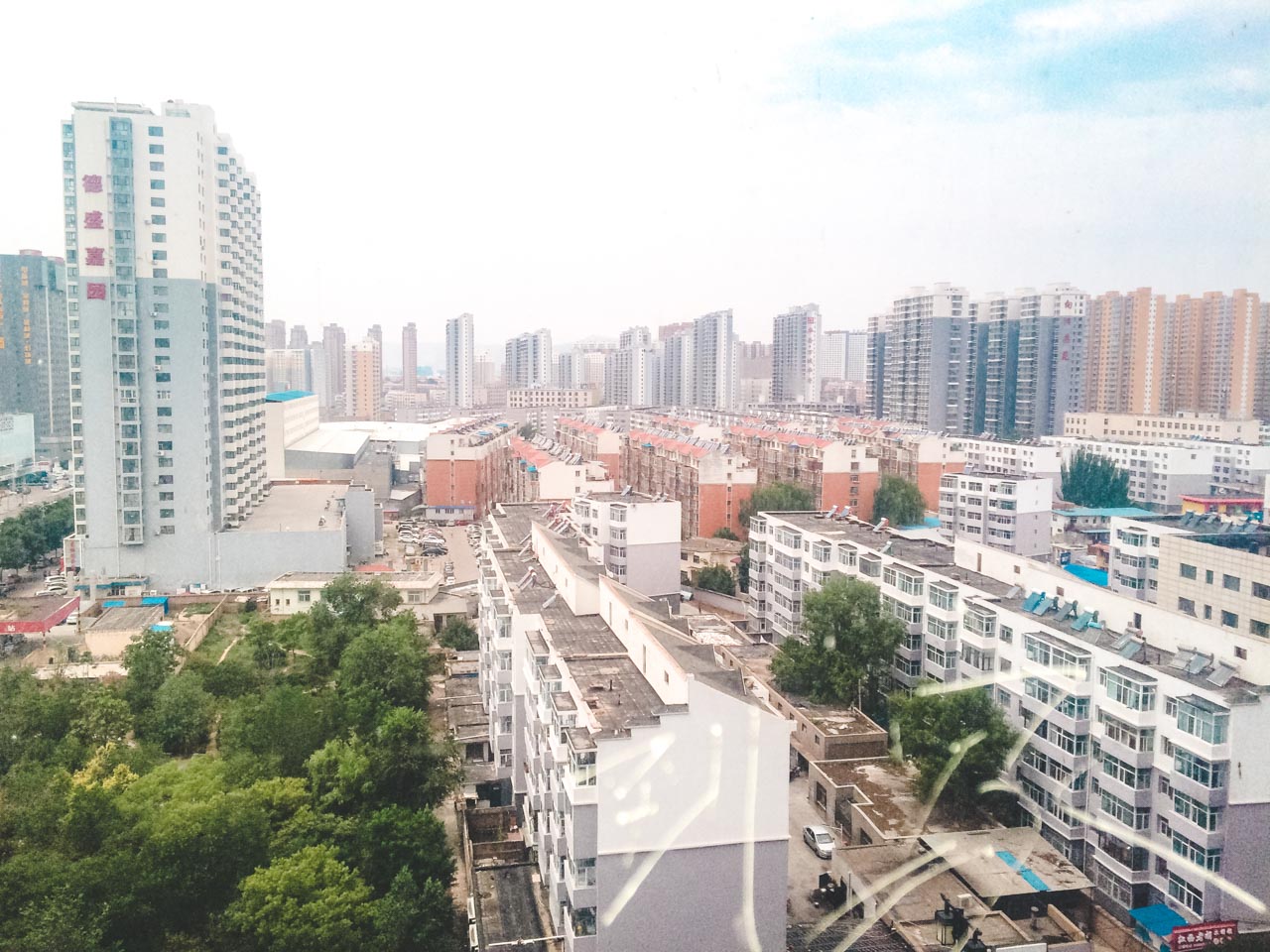 The panorama of Datong, Shanxi seen from a hallway inside the Haohai International Hotel