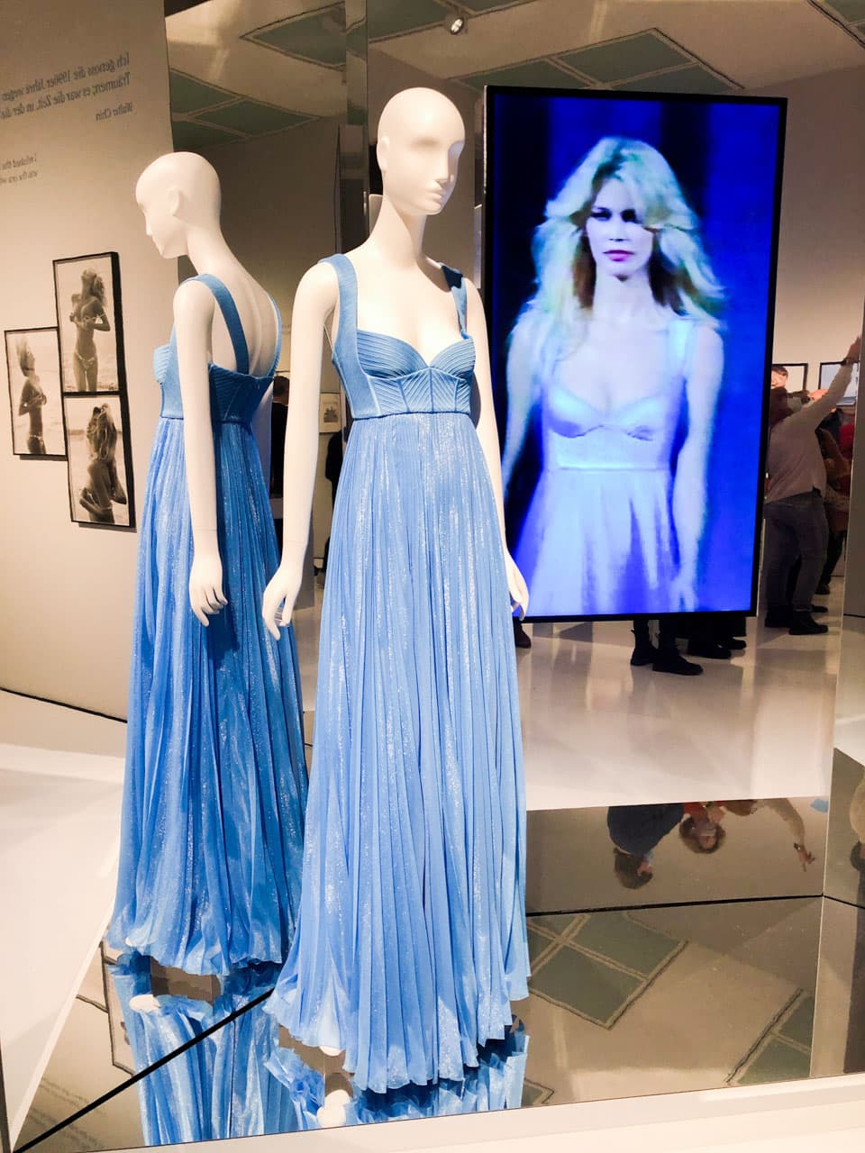 A blue gown worn by Claudia Schiffer at the A/W 1994 Versace show on display at Kunstpalast Museum in Düsseldorf