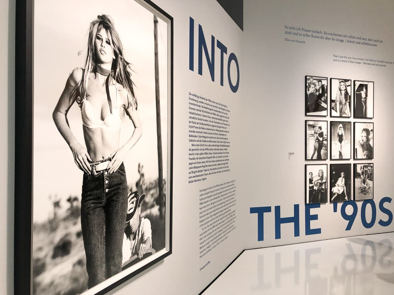 The opening section of the Captivate! Fashion Photography from the '90s exhibition with various black and white photos of the supermodels on display