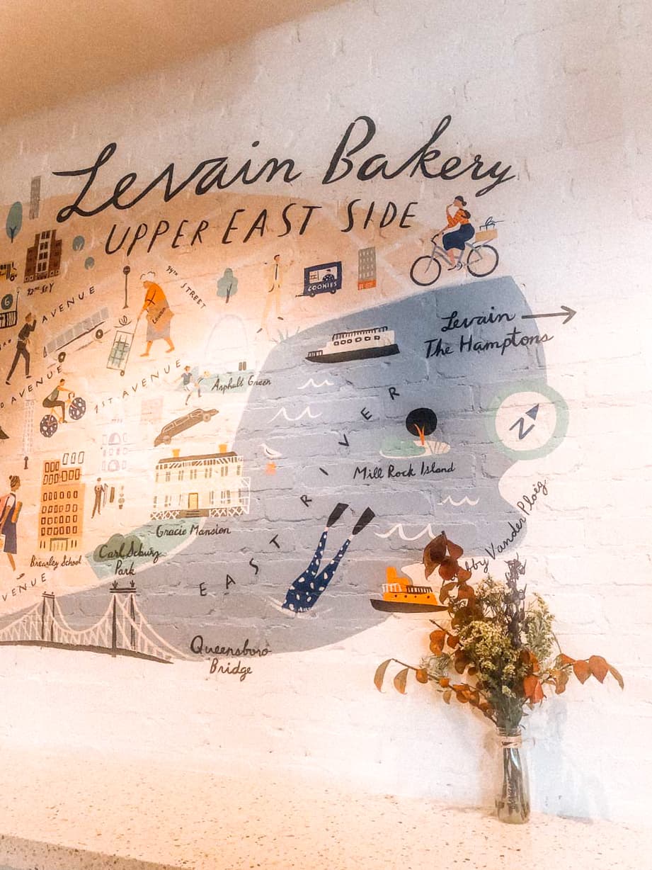 A map of the Upper East Side painted on the wall of Levain Bakery in New York