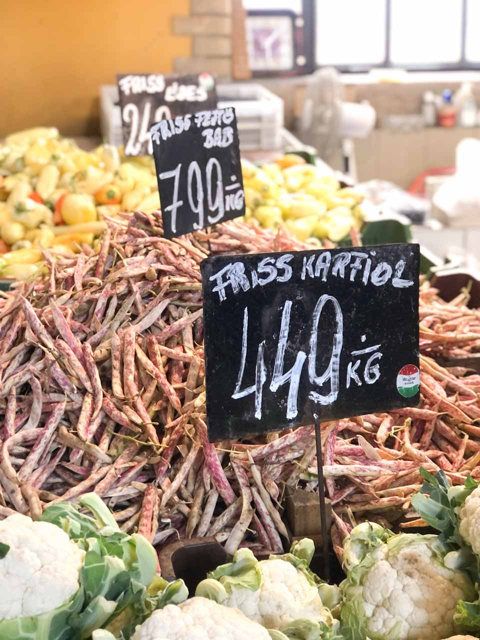 Vegetables for sale at the Great Market Hall in Budapest, Hungary