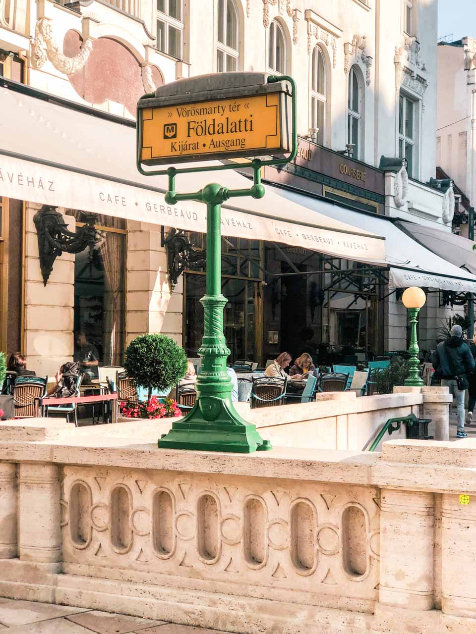 A sign marking the entrance to a metro station in Budapest, Hungary