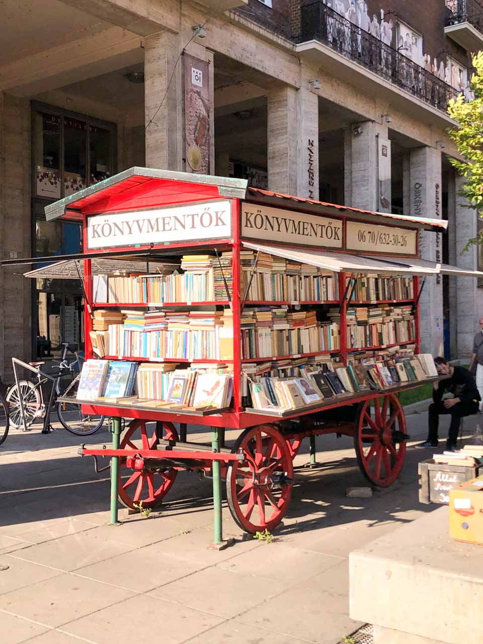A cart selling books on the streets of Budapest, Hungary