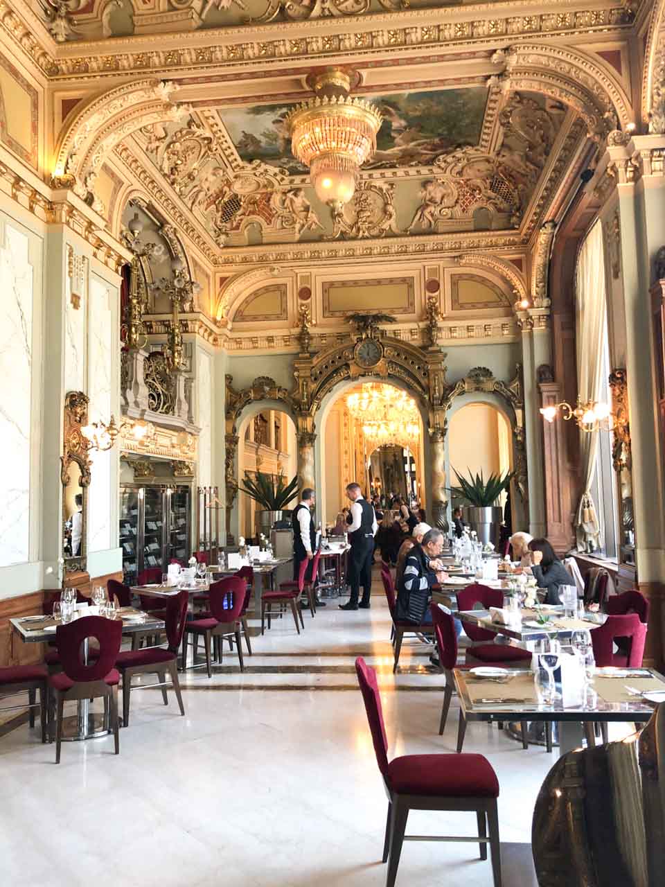 Tables inside the New York Café in Budapest, Hungary