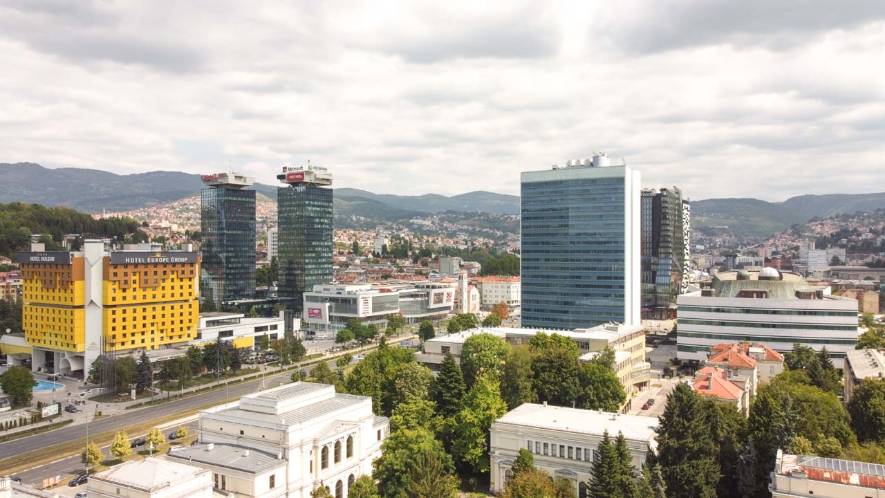 A bird's eye view of the Holiday Inn hotel in Sarajevo and the surrounding buildings
