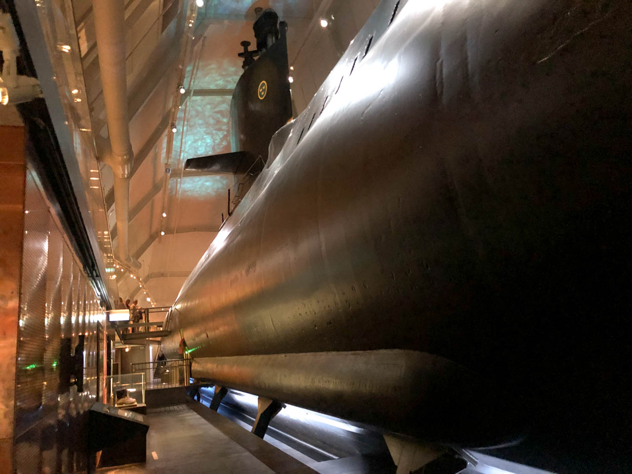 A close-up photo of a submarine inside the Naval Museum in Karlskrona