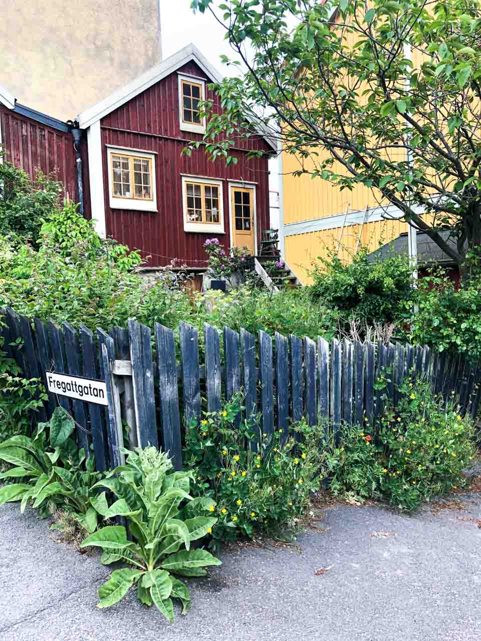 Bushes outside a traditional wooden house in Karlskrona, Sweden