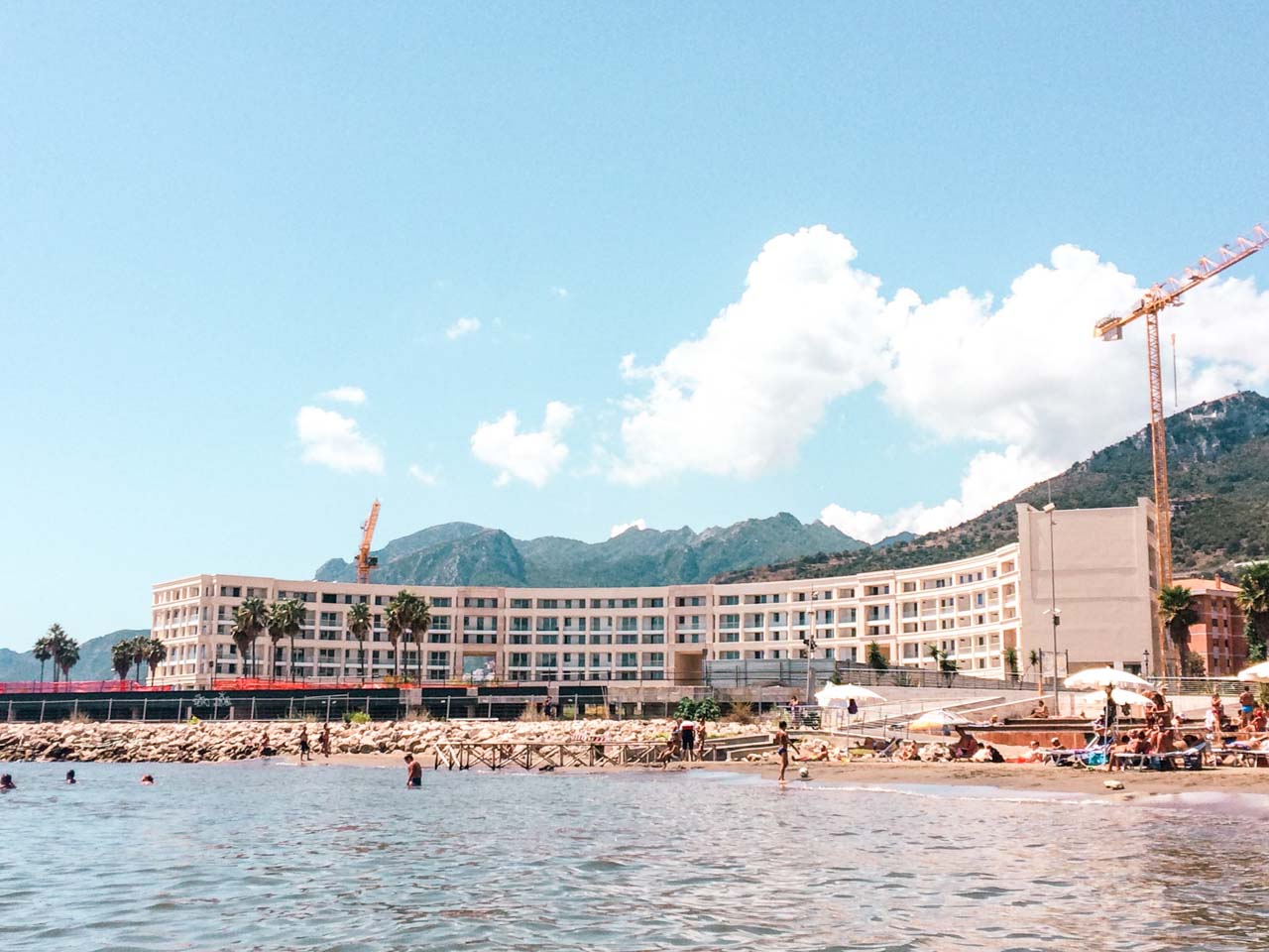 A building under construction in Piazza Liberta in Salerno seen from the water