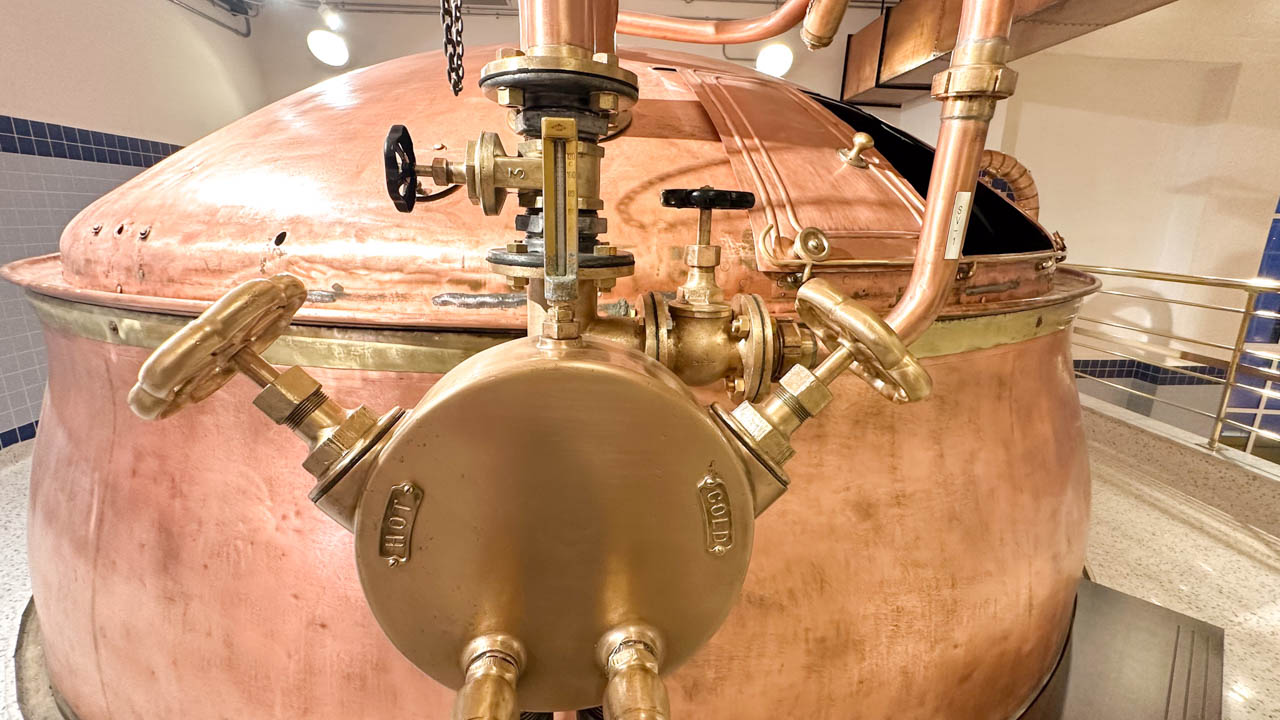 A close-up shot of the valves outside a beer tank at the Farsons Brewery Experience in Malta