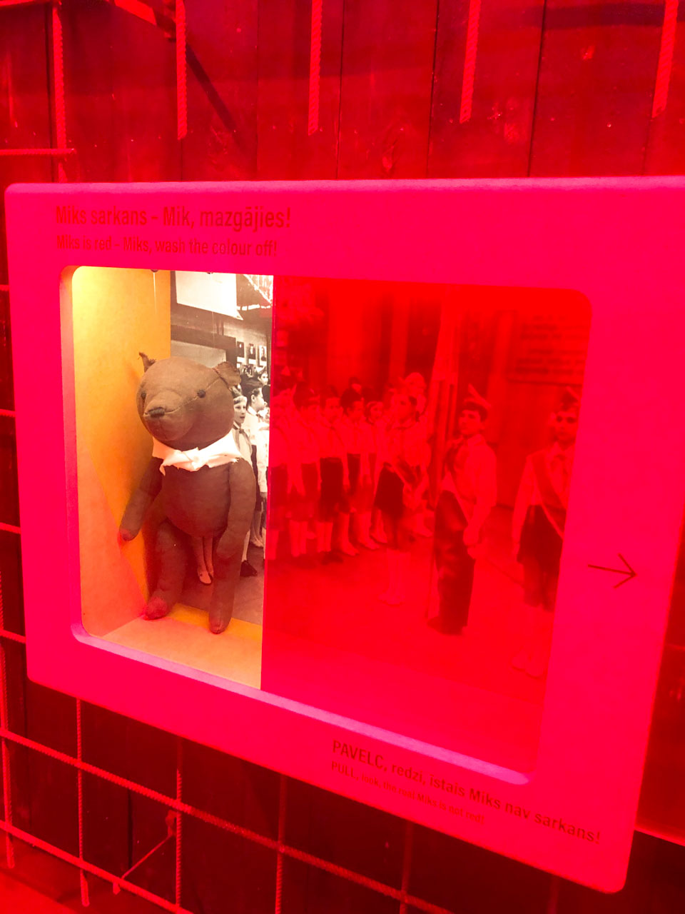A brown teddy bear named Miks on display at the Museum of the Occupation of Latvia