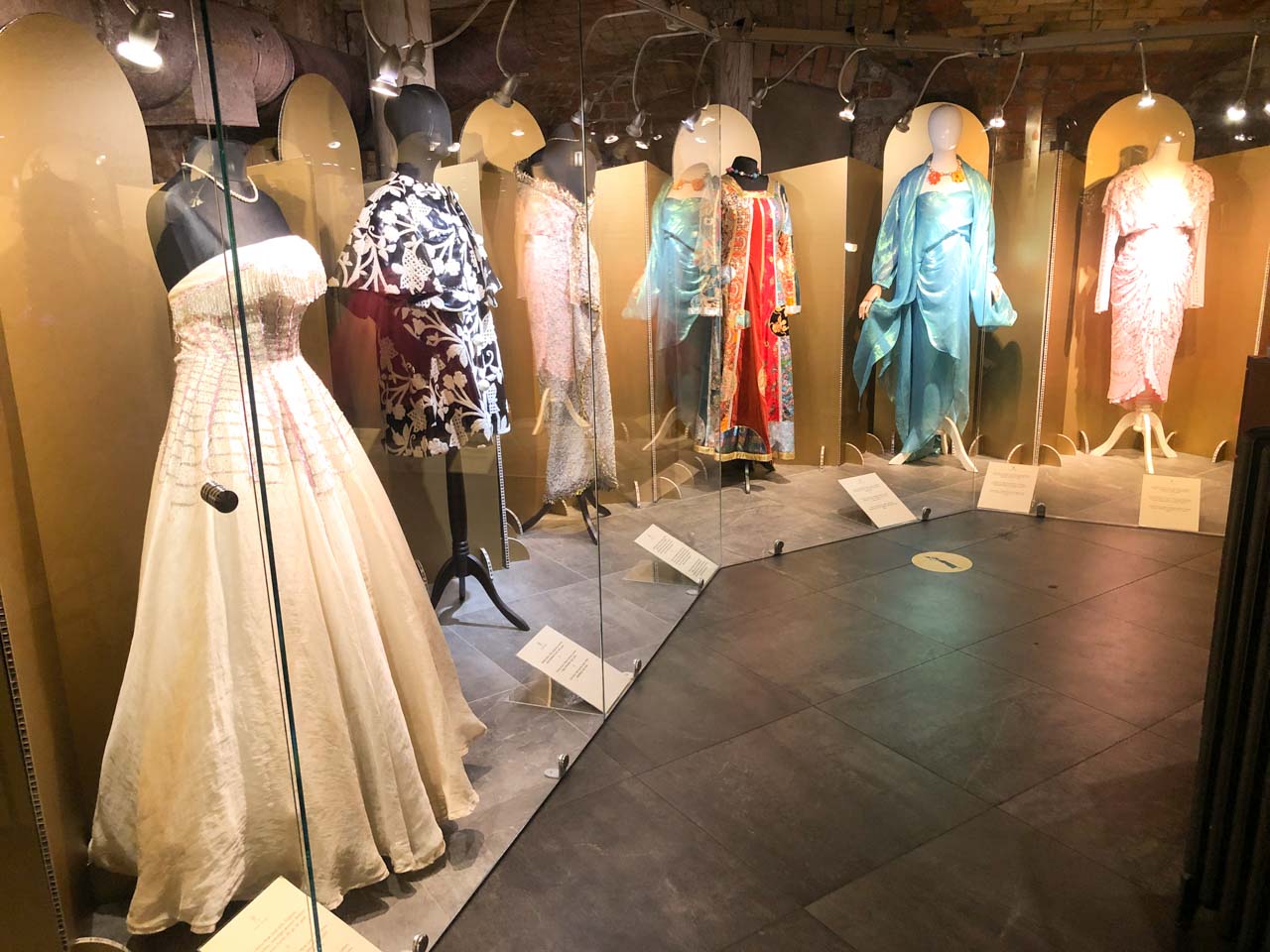 Dresses on display at the Fashion Museum in Riga
