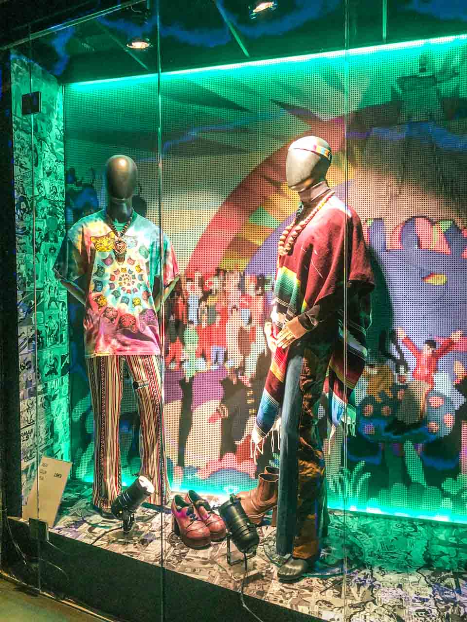 Hippie era clothing on display at the Riga Fashion Museum