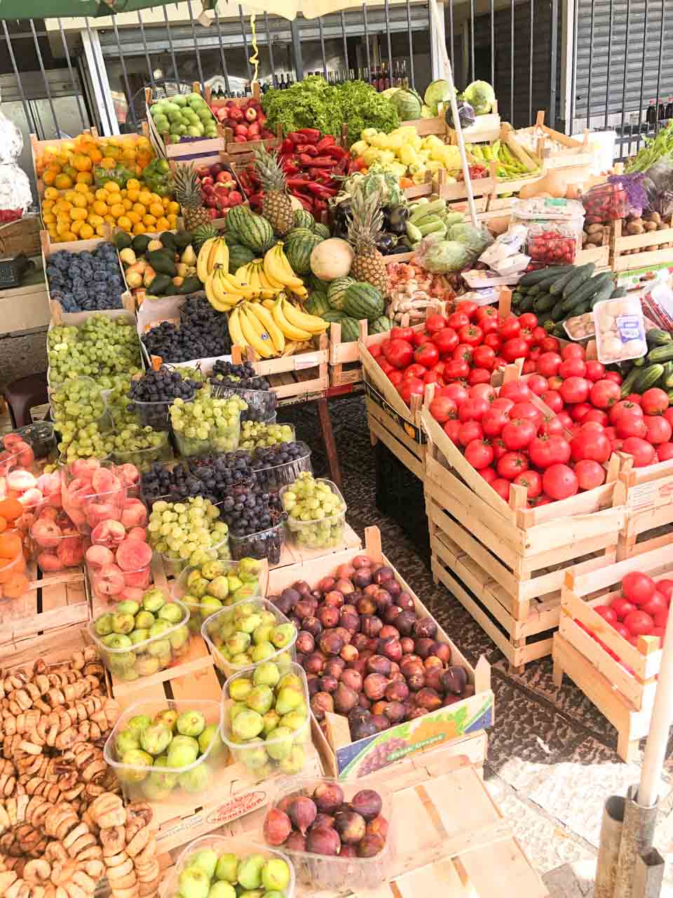 Different kinds of fruit and vegetables at the Kotor Farmers Market outside the Main Gate