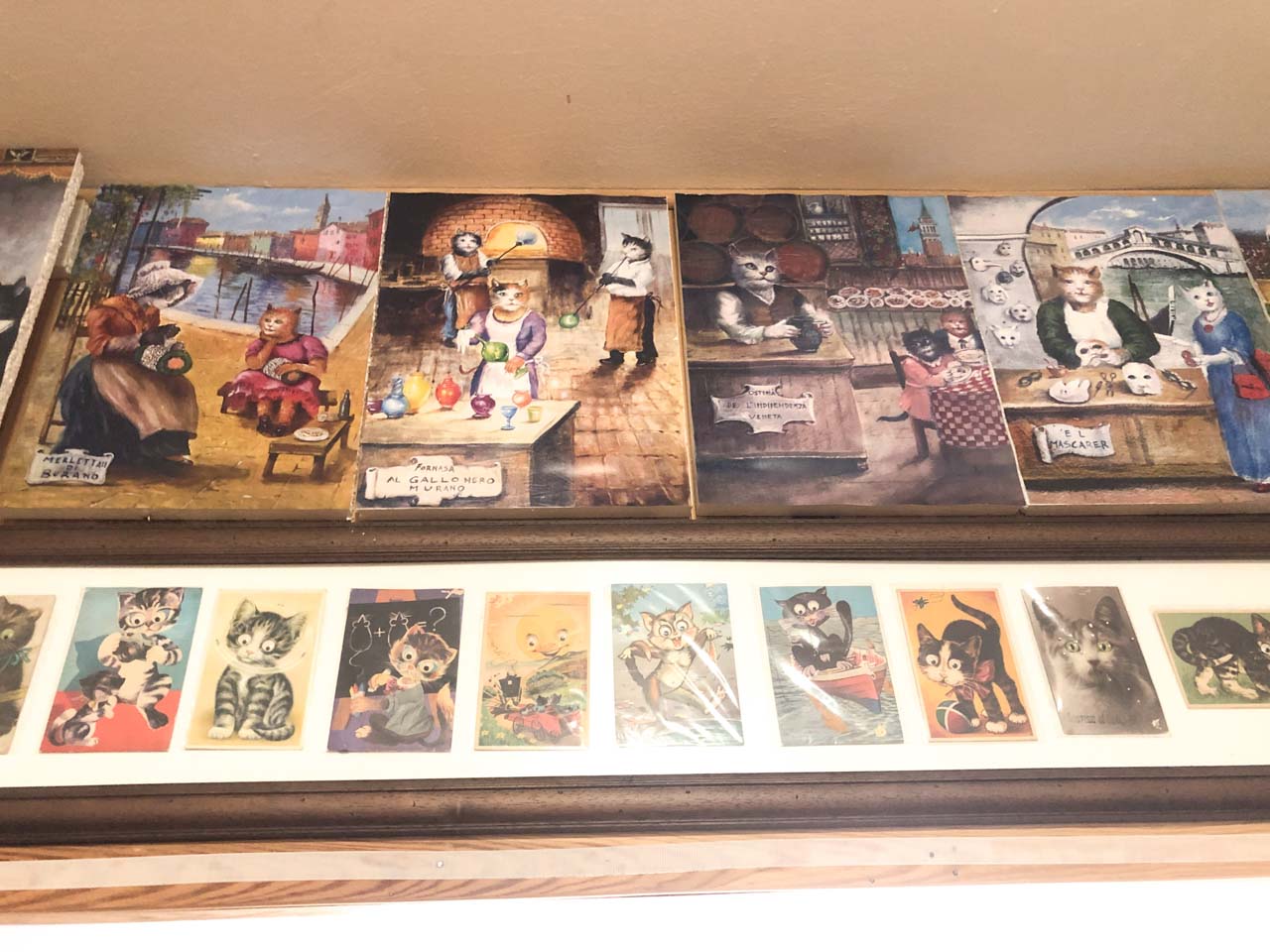 Vintage cat posters and illustrations on display at the Cat Museum in Kotor, Montenegro