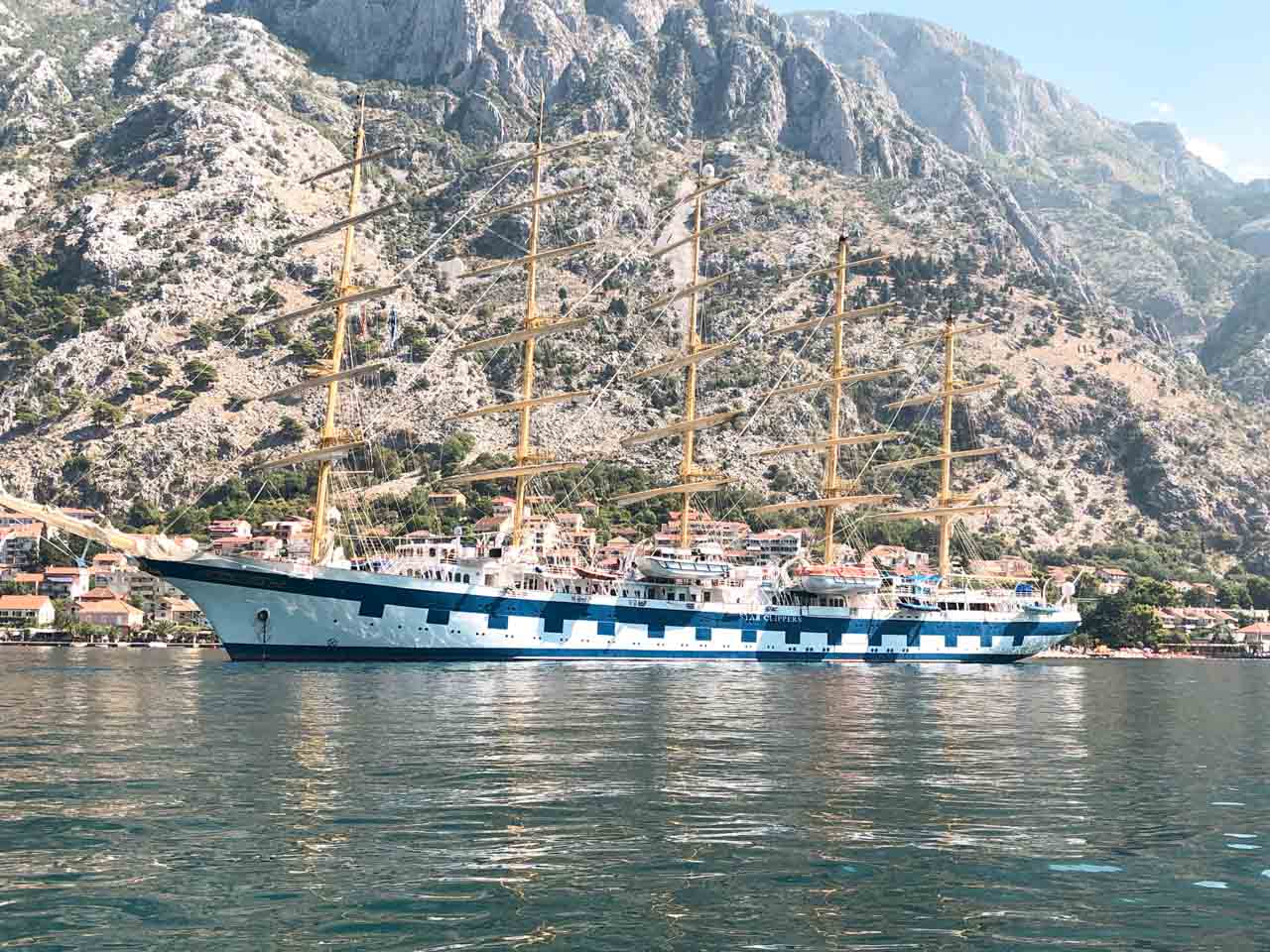 Royal Clipper sailing ship in the Bay of Kotor, Montenegro