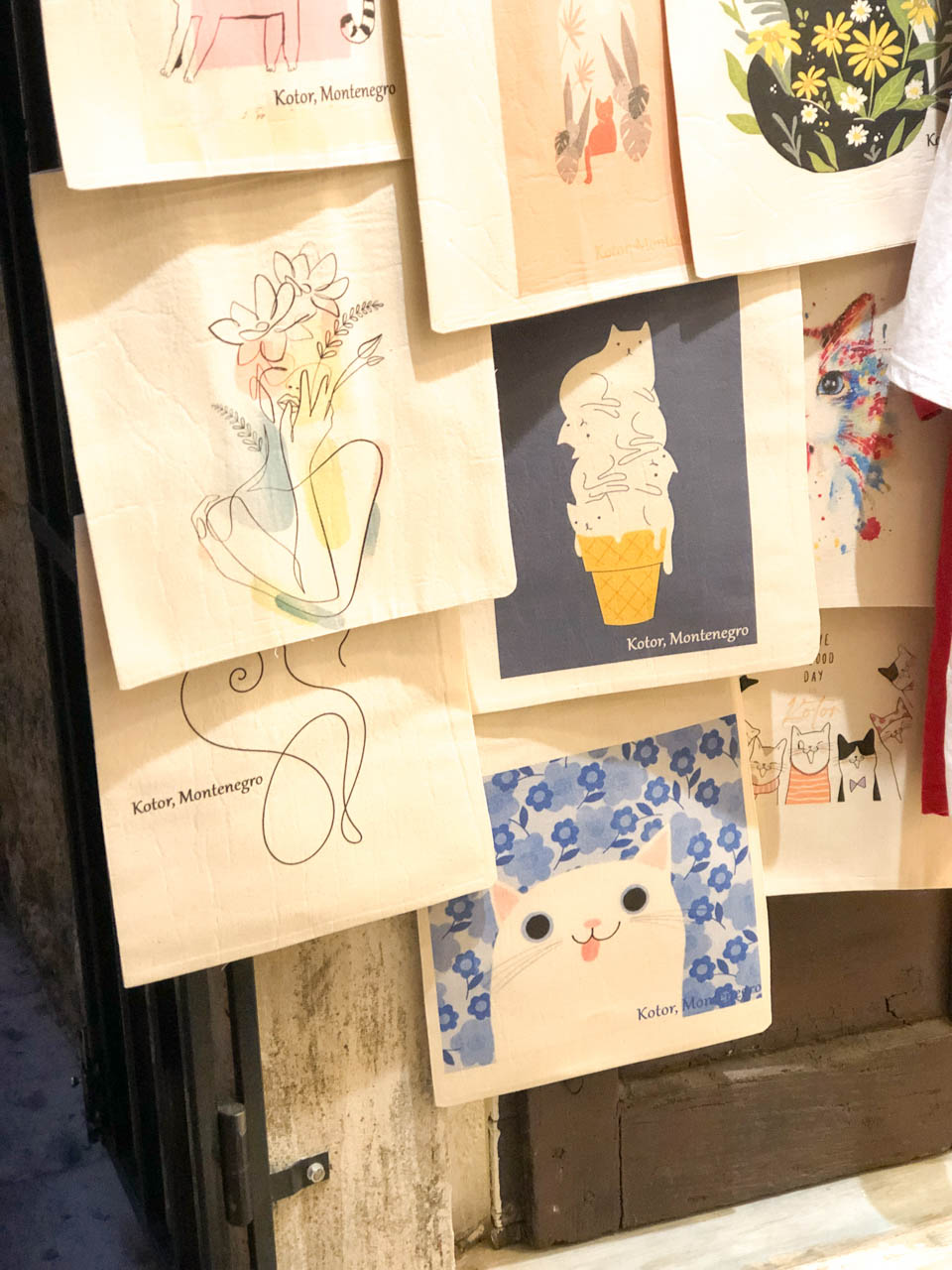 Hand painted flower and cat illustrations inside a shop in Kotor Old Town