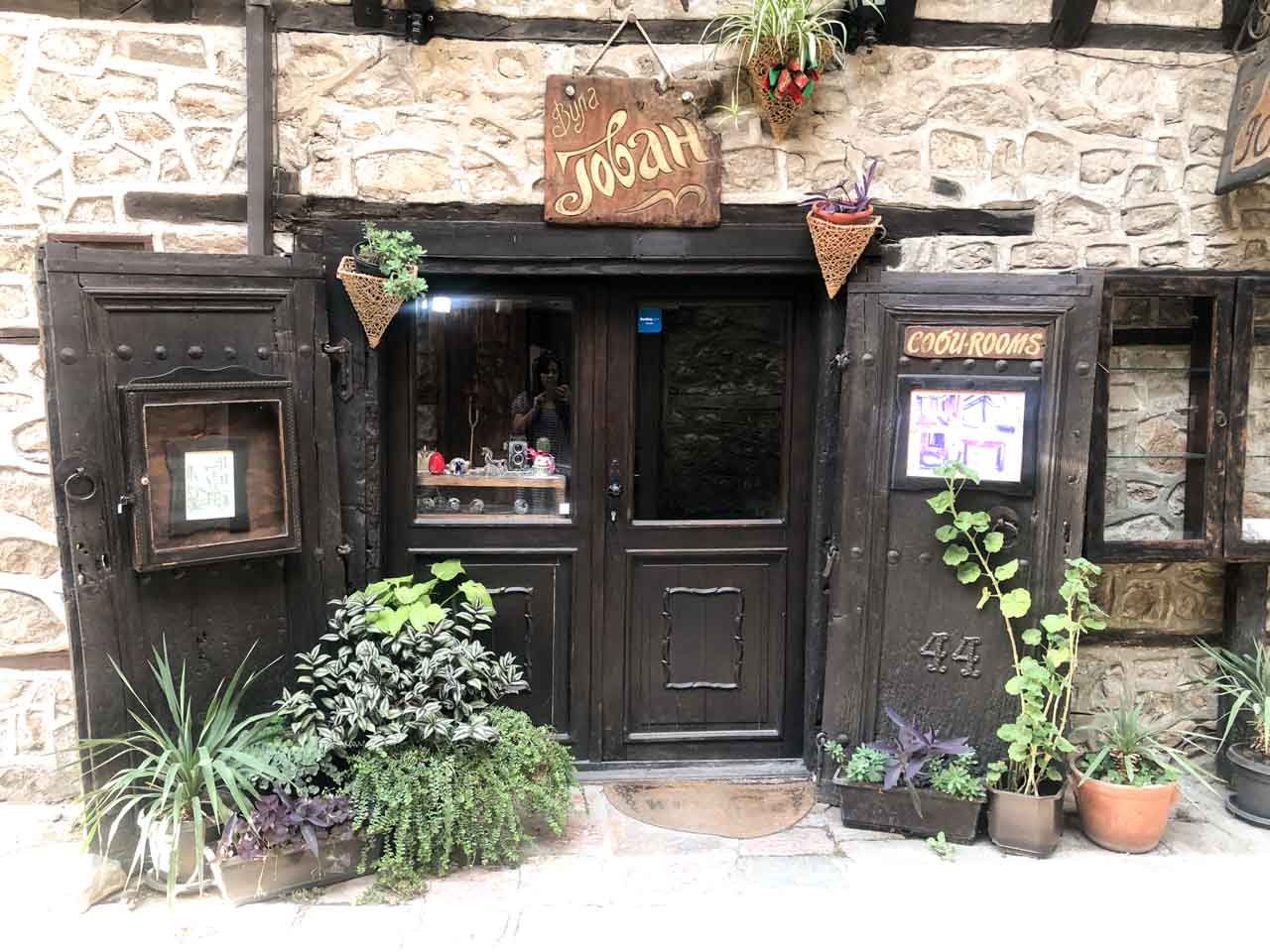 Wooden double doors of Villa Jovan in Ohrid, North Macedonia