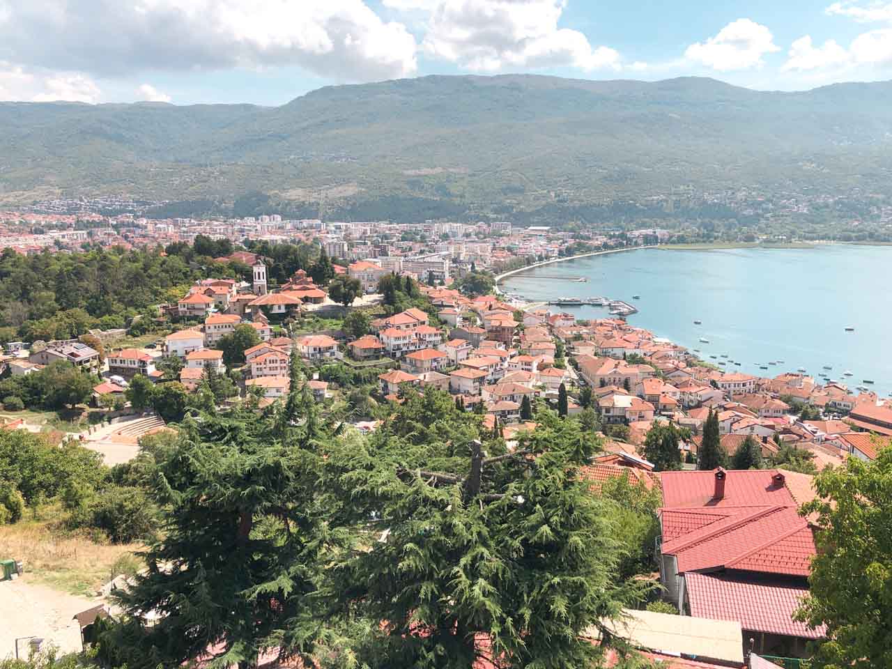 Panorama of Ohrid, North Macedonia seen from the top of Samuel's Fortress