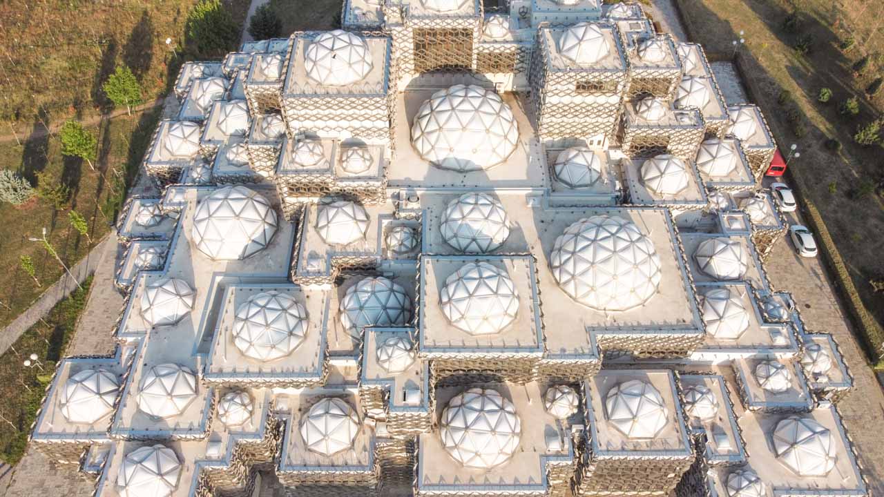 Acrylic domes of the National Library of Kosovo seen from above