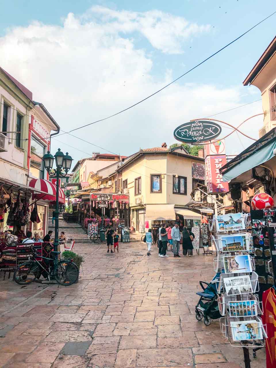 People walking around the Old Bazaar in Skopje, North Macedonia