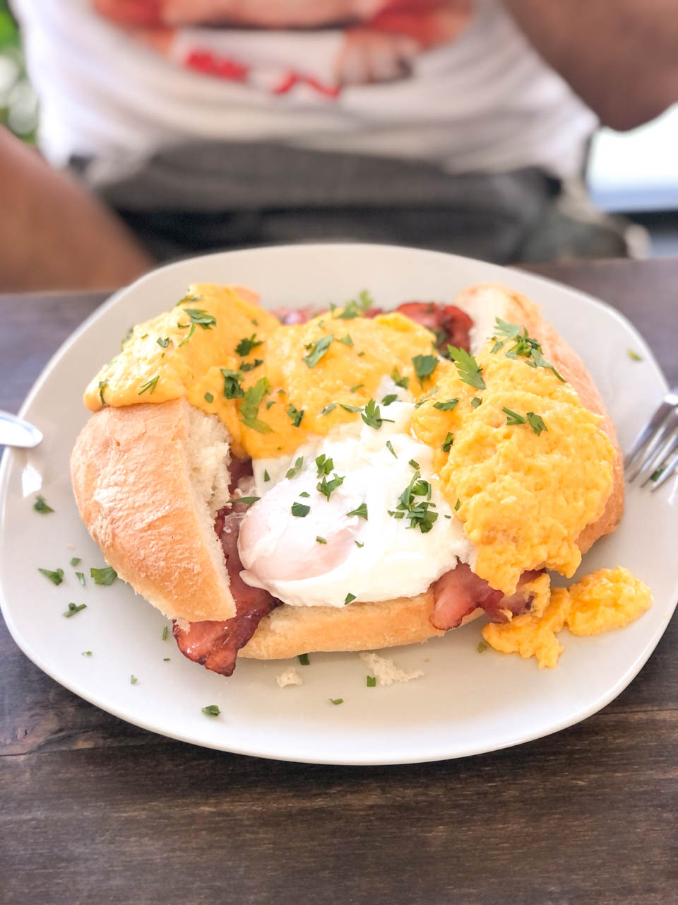 Omelette on ciabatta bread at Public Room in Skopje, North Macedonia