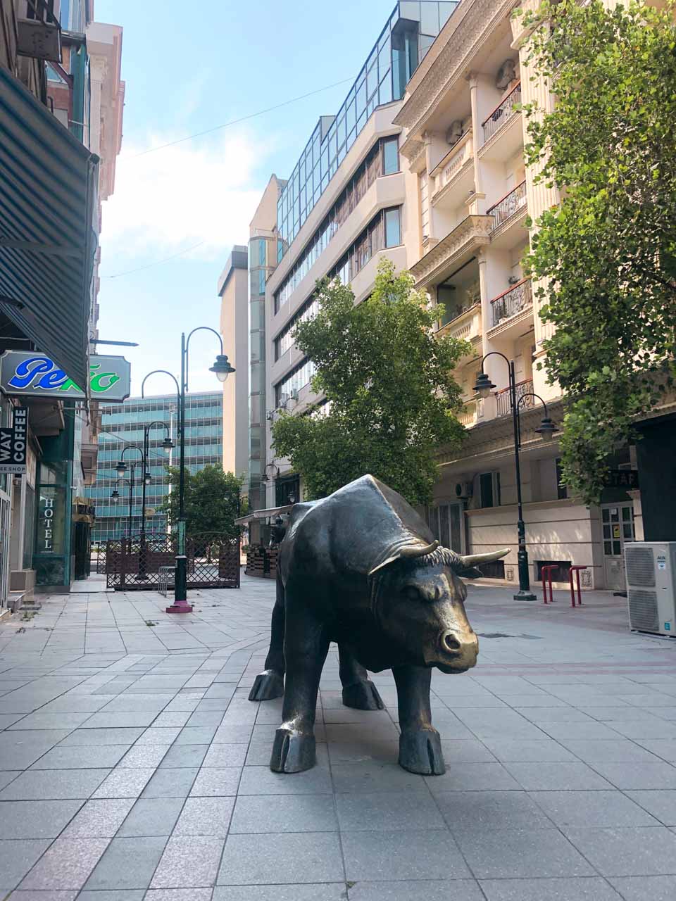 Charging bull statue in Skopje, North Macedonia