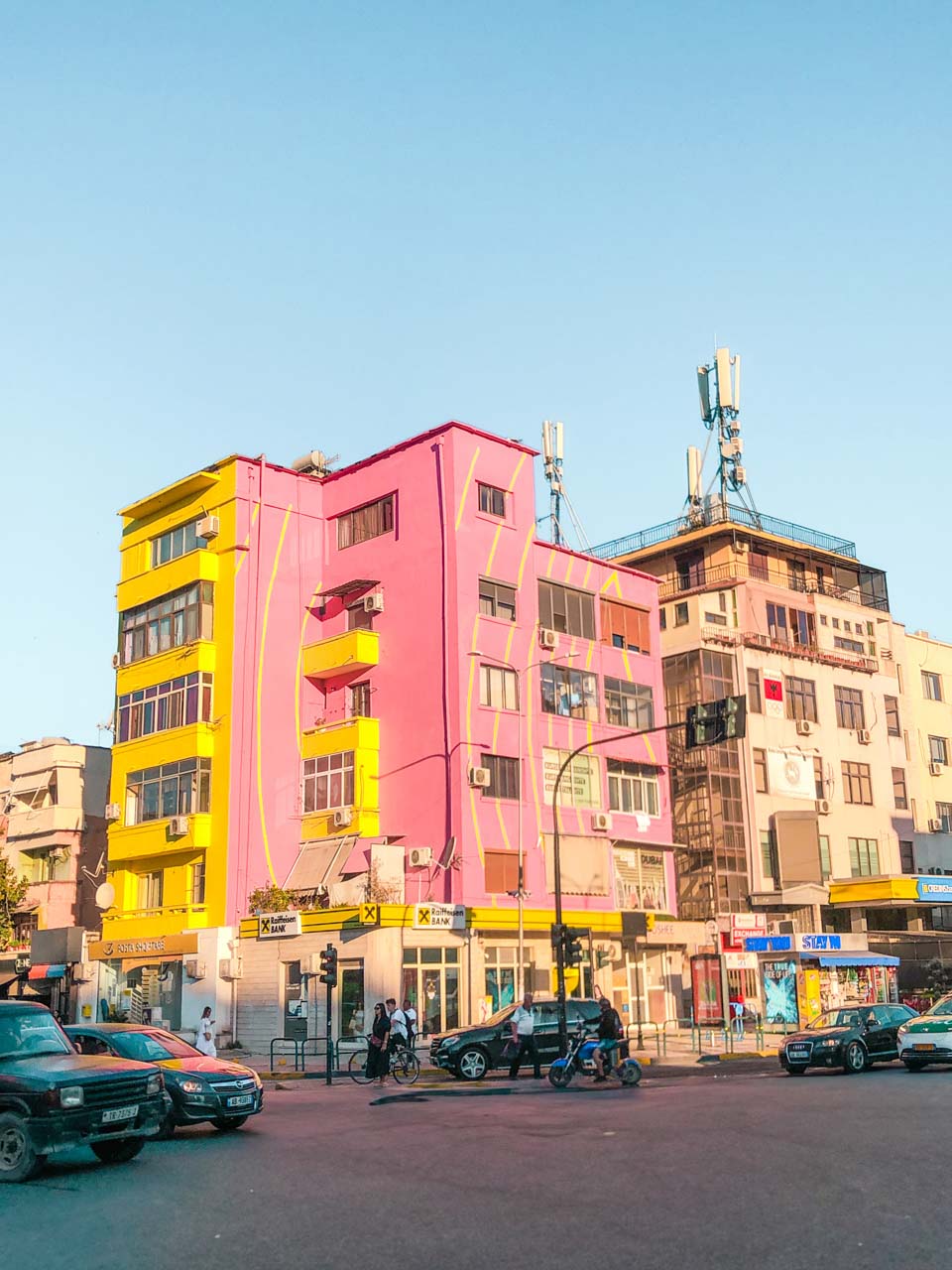 Pink and yellow building in Tirana, Albania