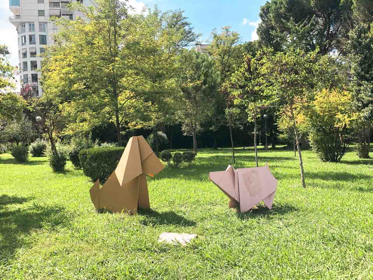 Two animal sculptures in a park in Tirana, Albania