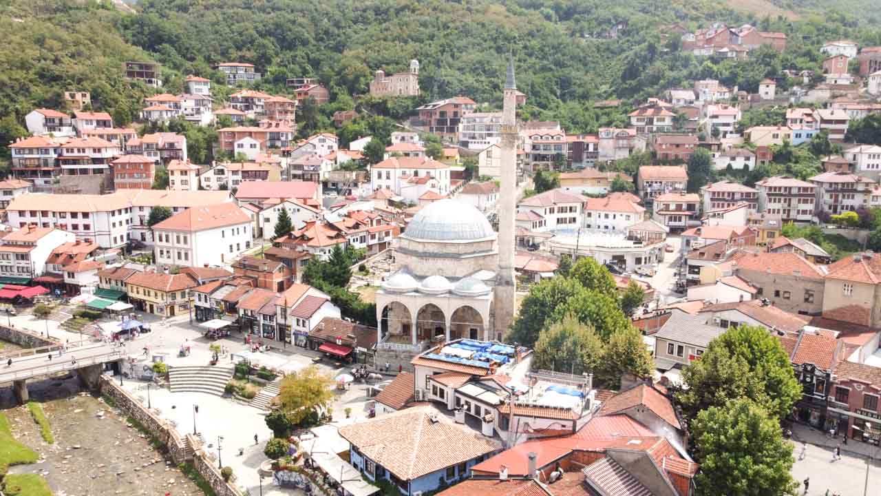 Panorama of Prizren, Kosovo, with the Sinan Pasha Mosque in the foreground, seen from above