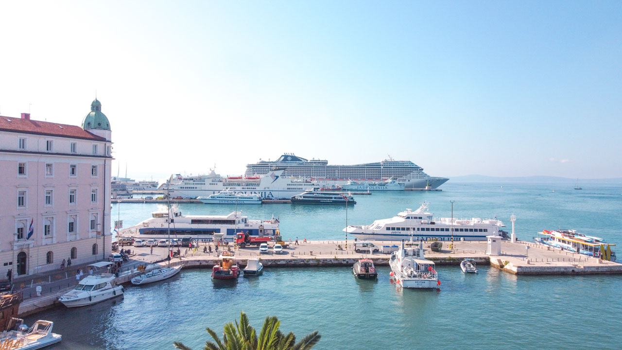 Jadrolinija ferries in the port in Split, Croatia seen from above