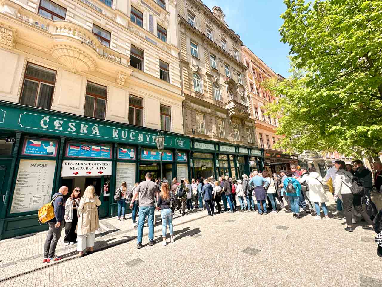 People queueing to get inside the Havelská Koruna restaurant in Prague