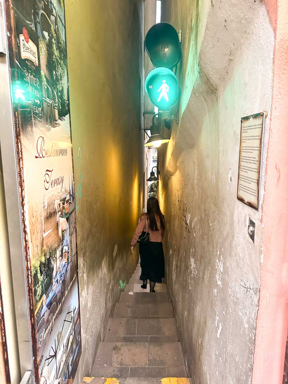 Brunette in a pink jacket and a black dress walking down the narrowest street in Prague