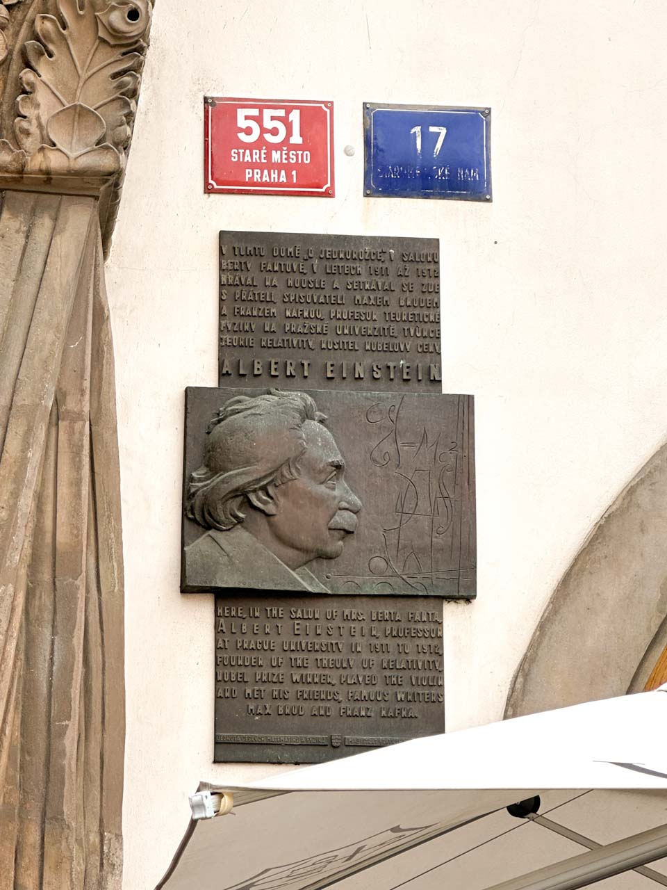 Plaque marking the place where Albert Einstein used to meet his friends, Max Brod and Franz Kafka