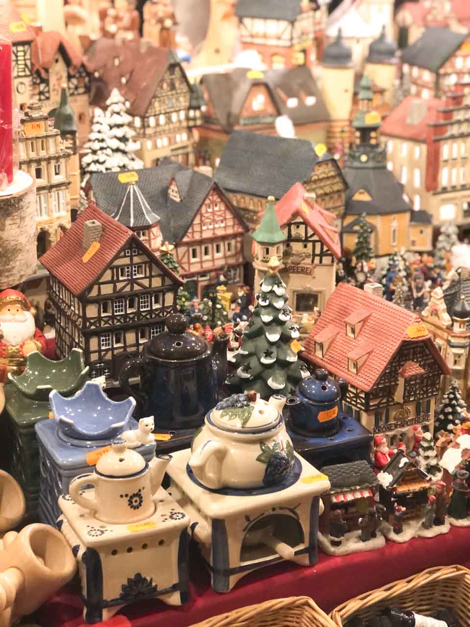 A detailed miniature Christmas village display, complete with tiny houses, a snow-covered tree, and festive figurines, at a Nuremberg Christmas Market stall