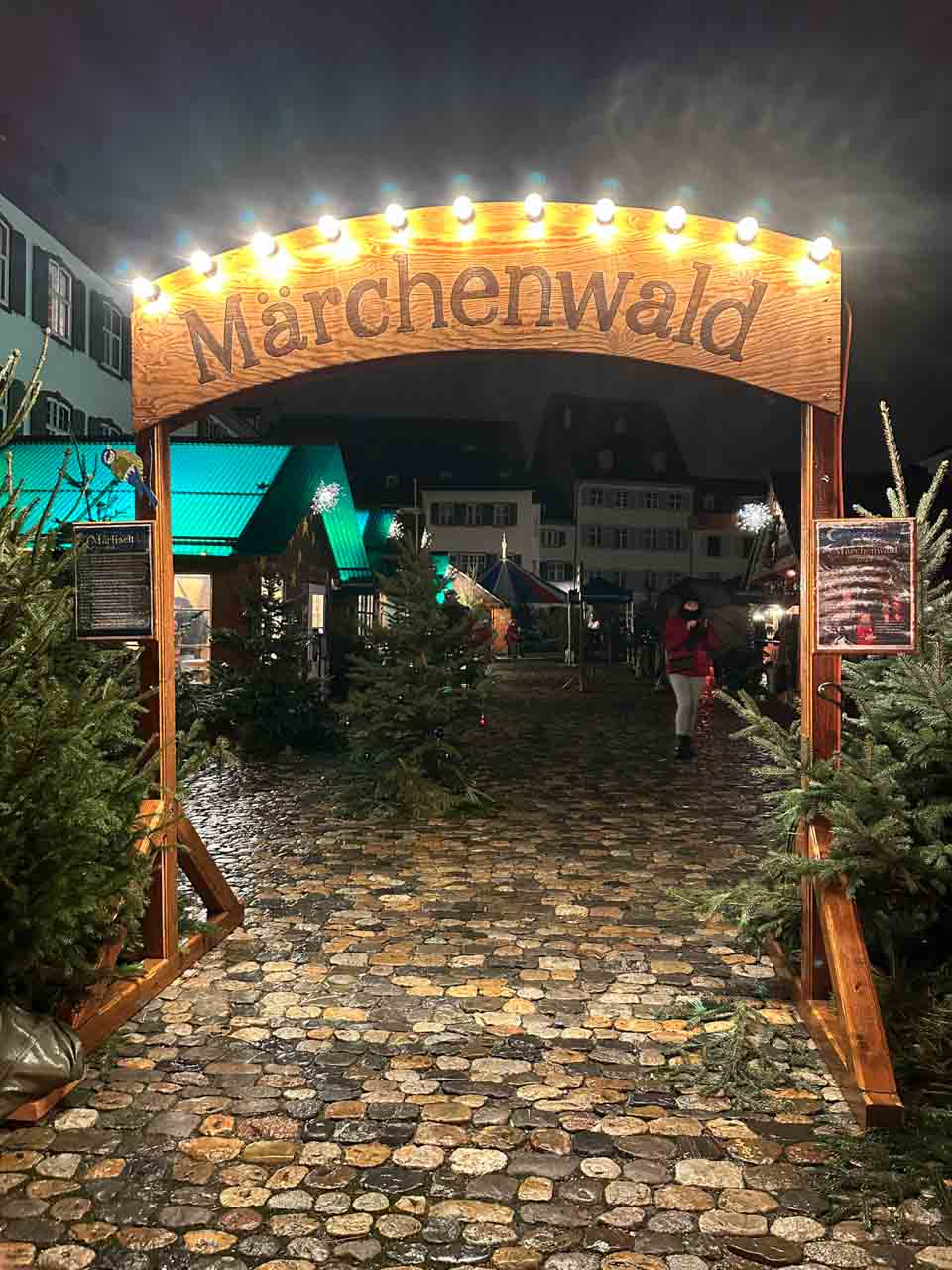 Entrance to the 'Märchenwald' or 'Fairy Tale Forest' at Basel's Christmas market, with festive decorations