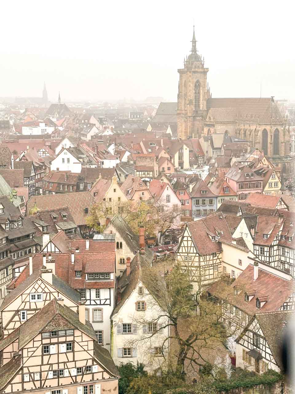 An aerial view of Colmar from the top of the Grande roue de Colmar Ferris wheel