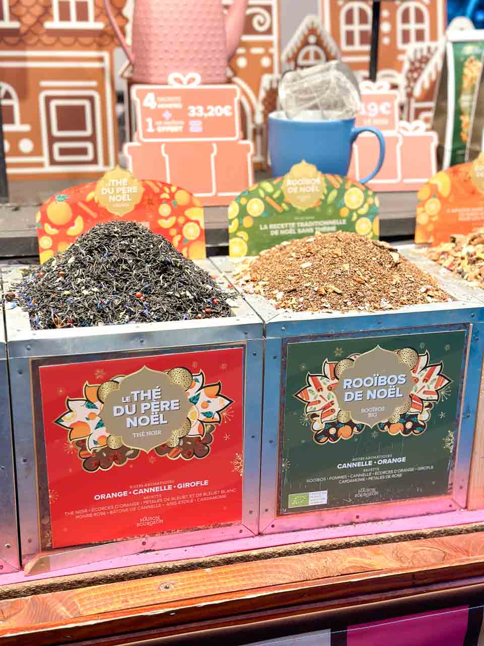 Heaps of Christmas tea displayed at a market stall at Place du Temple Neuf in Strasbourg, France