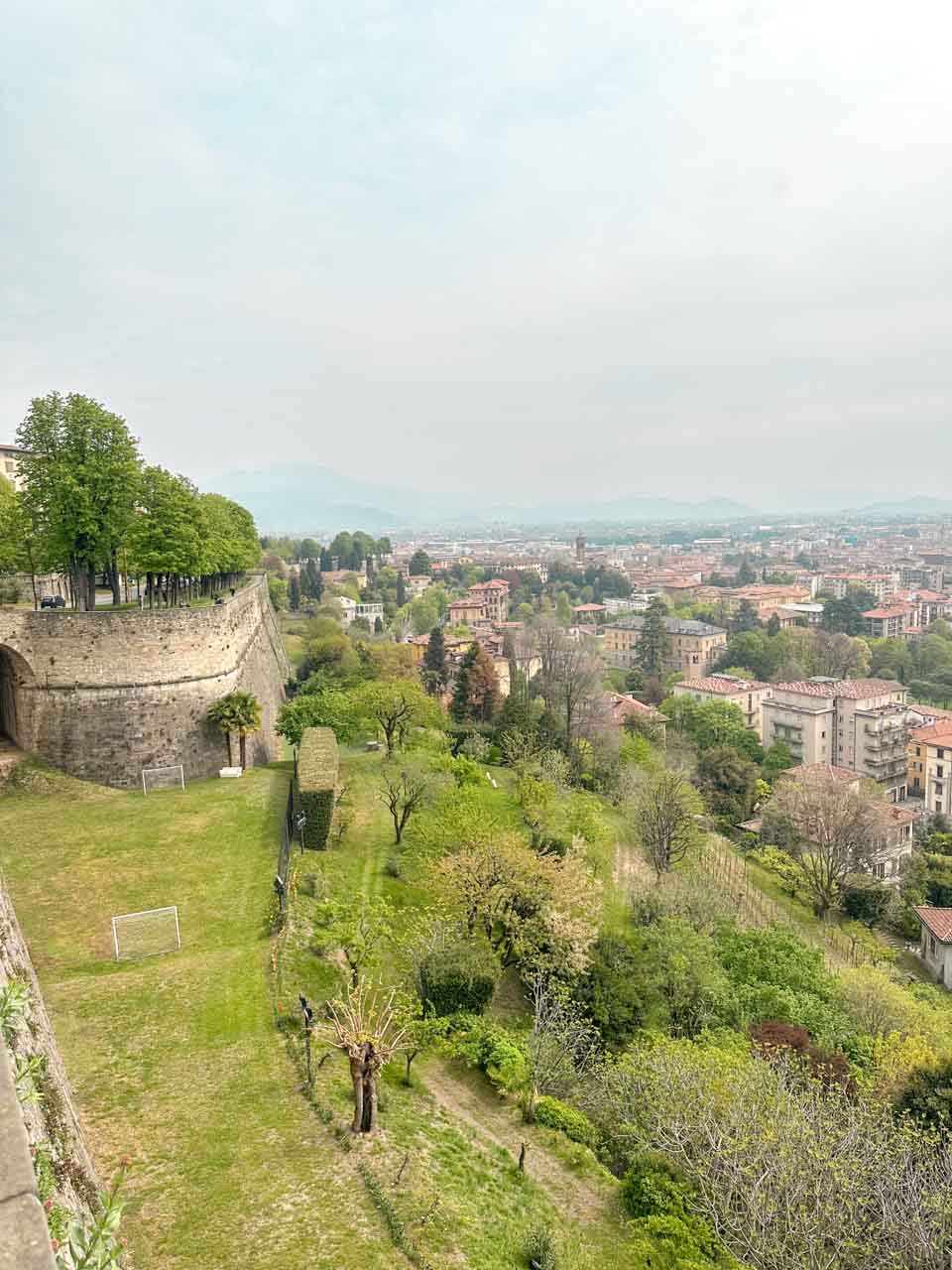 View of Bergamo, Italy from the top of the Venetian walls in the Città Alta part of the city
