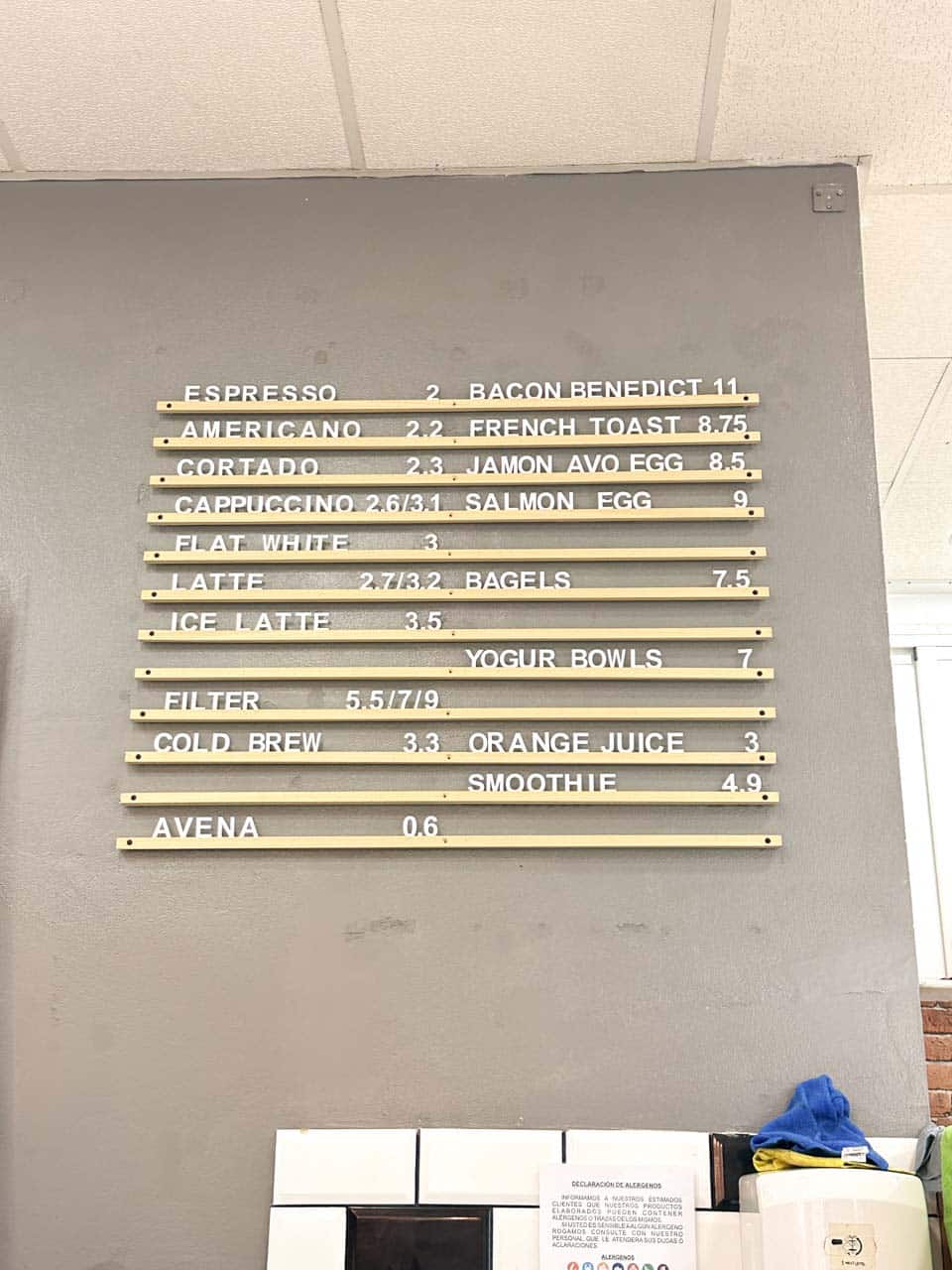 A caf&eacute; menu board at Next Level Specialty Coffee in Malaga, Spain