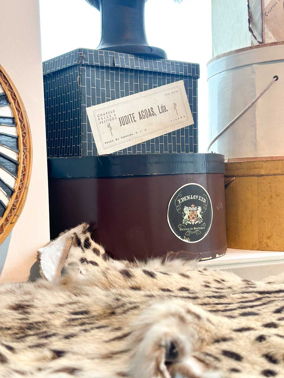 A close-up of hat boxes with a part of a fur piece in the foreground at the Automobile and Fashion Museum in Malaga, Spain
