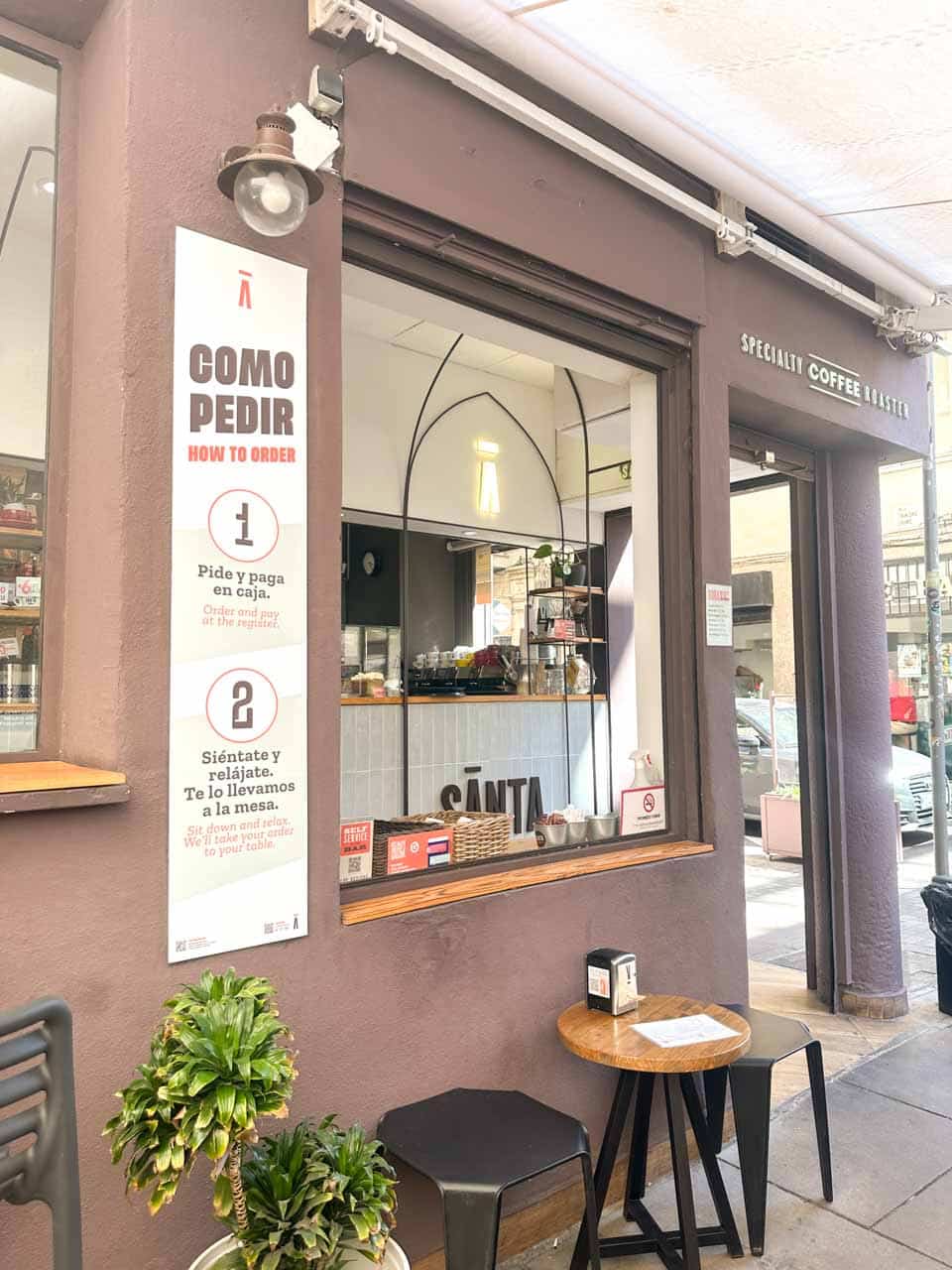 The exterior of Santa Coffee in Malaga, Spain