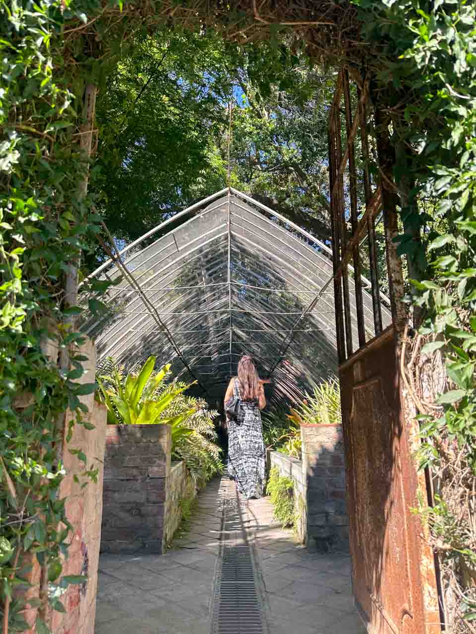 A woman walking towards a glass greenhouse, framed by a vine-covered archway, inside Malaga&rsquo;s botanical gardens