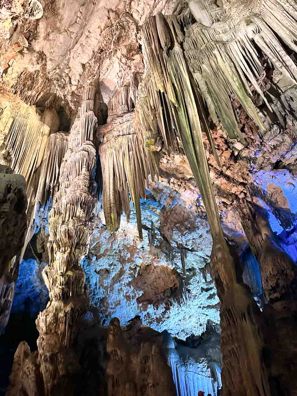 An array of stalactites and stalagmites illuminated by colourful lights inside St. Michael's Cave in Gibraltar