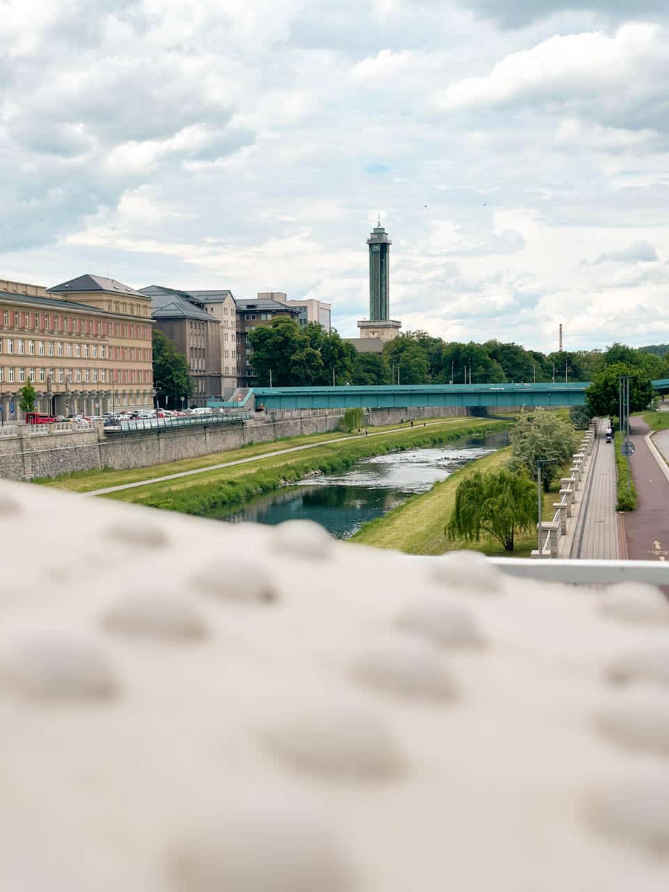 New City Hall tower in Ostrava seen from the Miloš Sýkora bridge