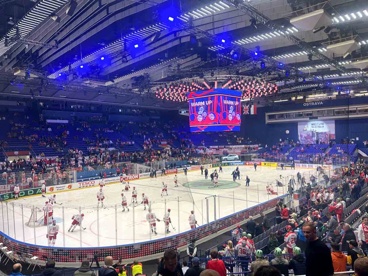 Ice hockey teams warming up before a game at Ostravar Aréna
