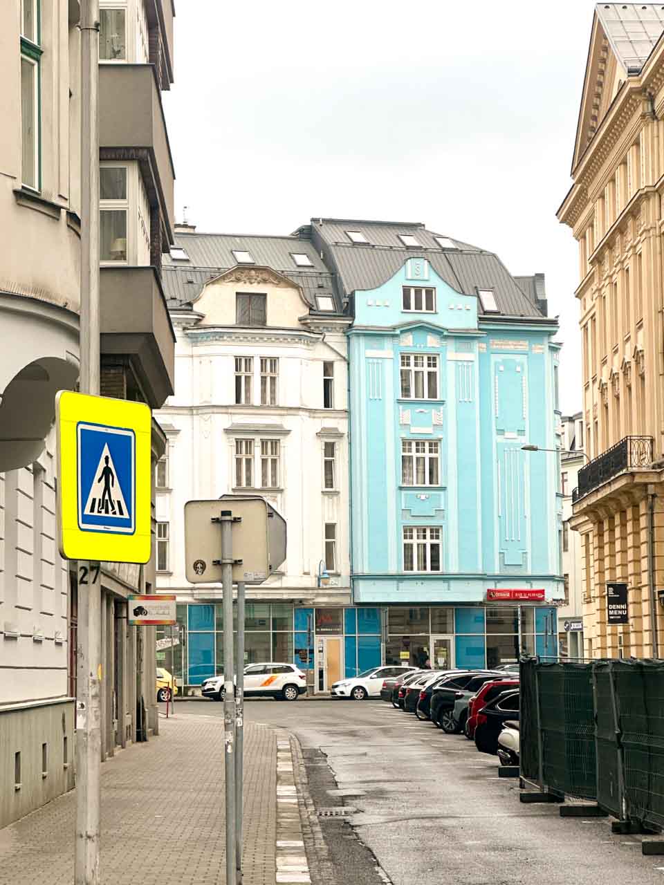 Bright blue building on a street corner in Ostrava