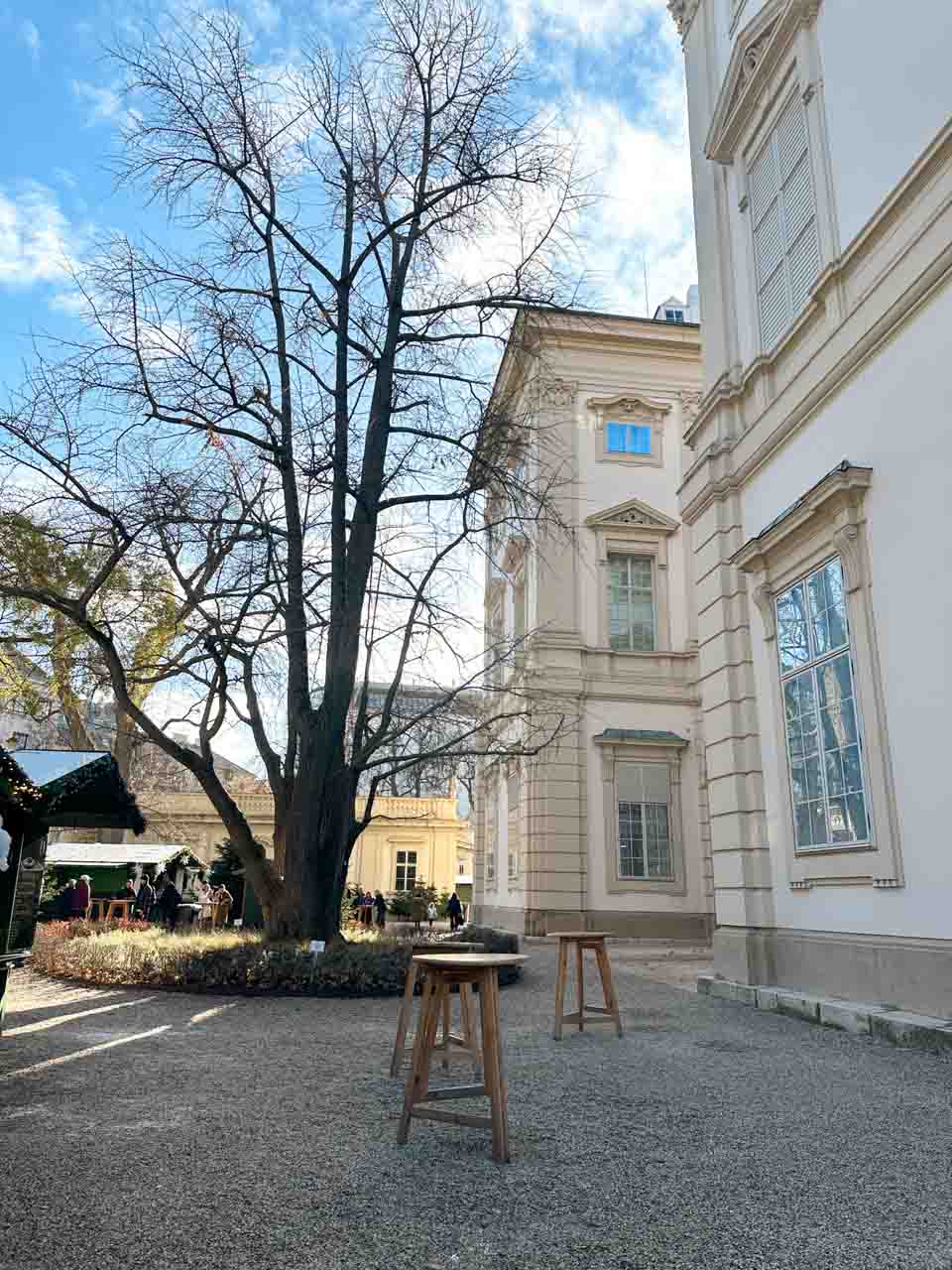 A peaceful courtyard of Liechtenstein City Palace in Vienna with tall trees, wooden stools, and Christmas market stalls