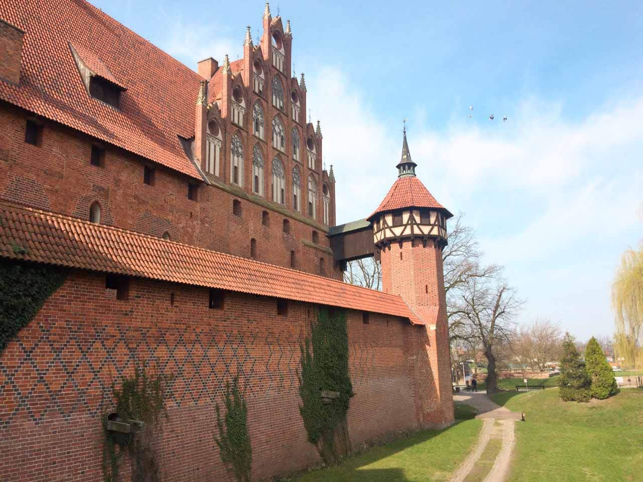 Tall brick walls with patterned bricks and a tower with a pointed roof at Malbork Castle, seen from the grassy path outside
