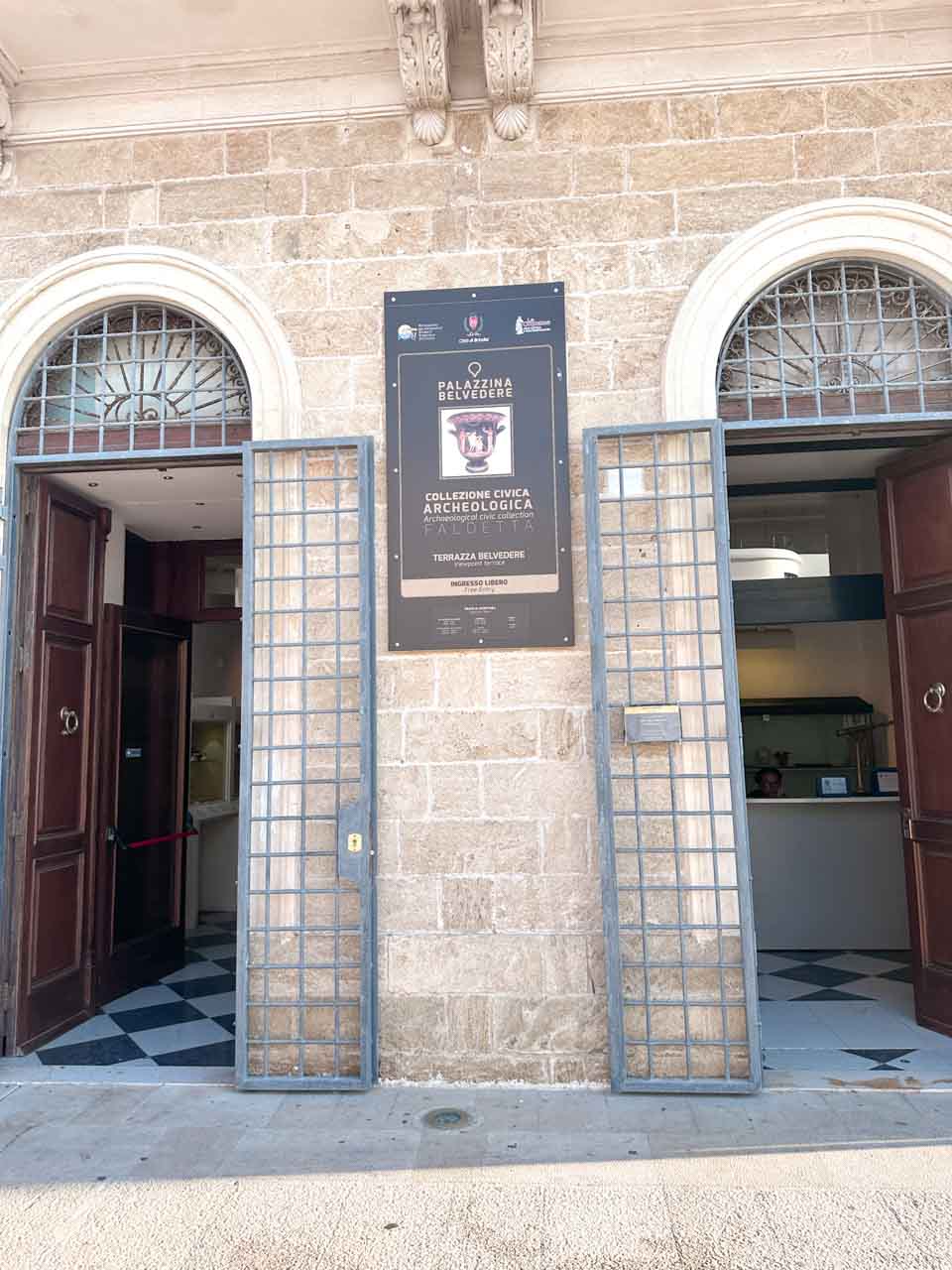 Entrance to Palazzina Belvedere, home to the archaeological museum and terrace in Brindisi